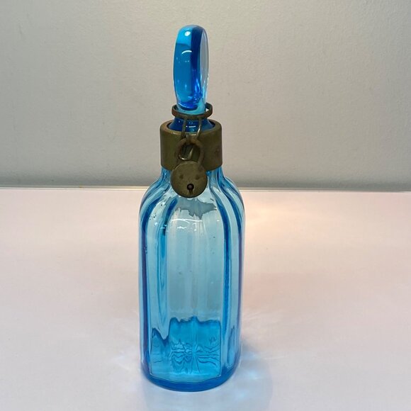 Vtg Blue Glass Apothecary Liquor Bottle UV Reactive Metal Locking Collar Stopper - Picture 9 of 16